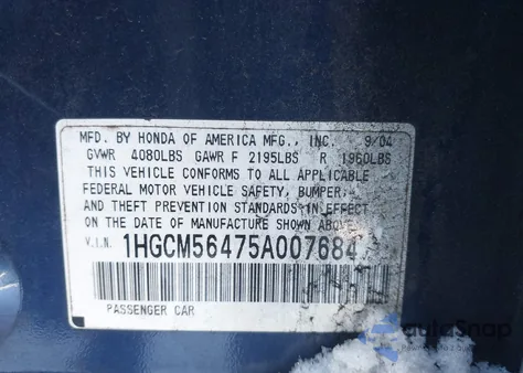 2005 Honda Accord 2.4 Lx z USA, uszkodzony, nr VIN 1HGCM56475A007684